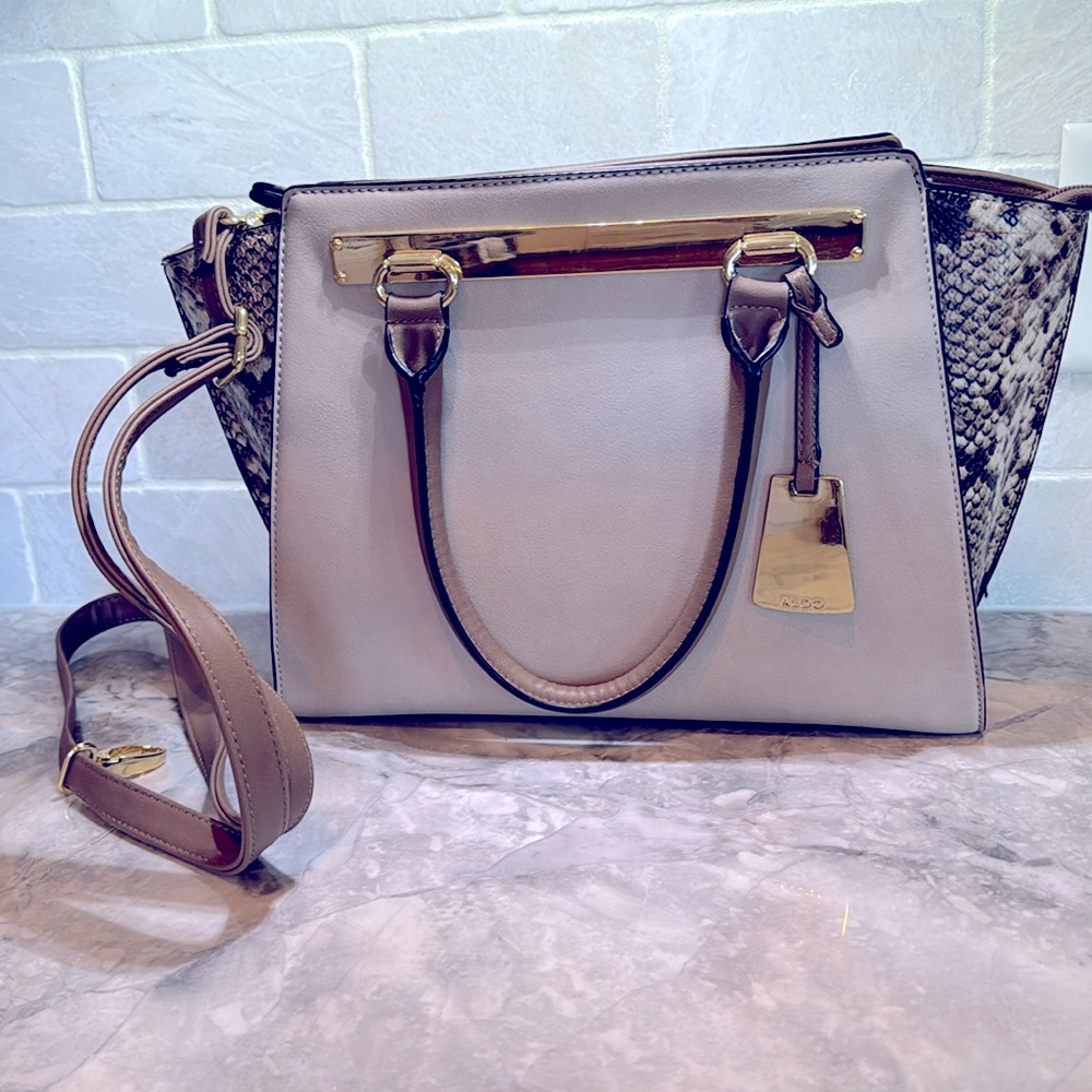 Aldo Handbag with Shoulder strap. Taupe, Tan, and snakeskin. Gold Details